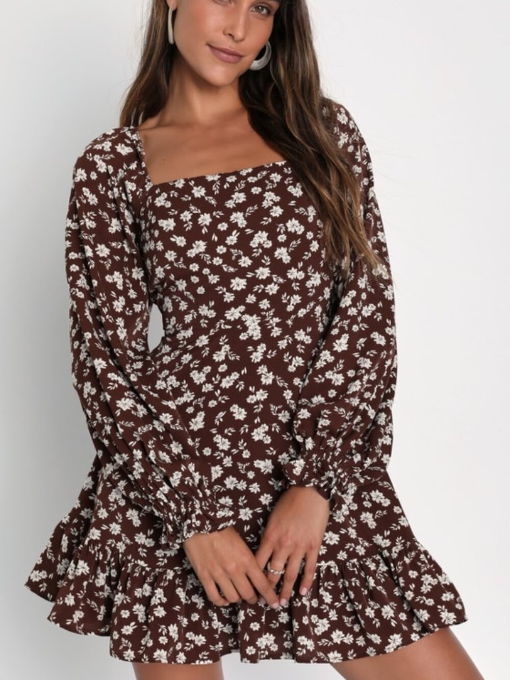 Lulus Coy Charm Brown Floral Print Long Sleeve Mini Dress - Size L